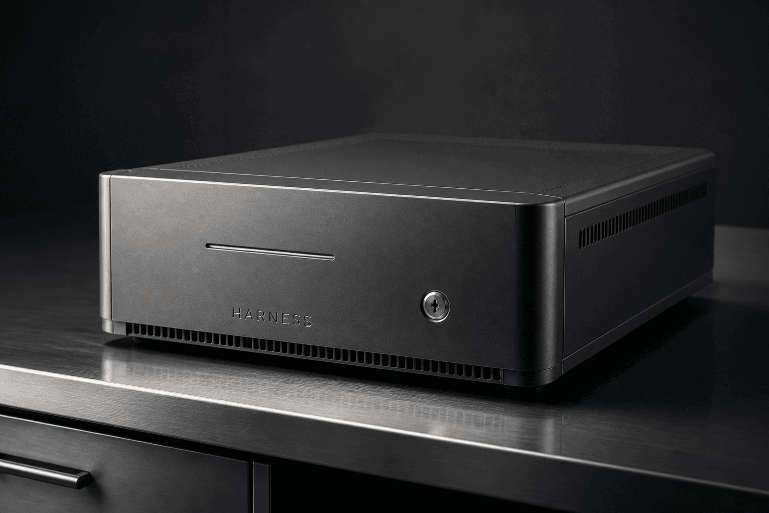 Harness QMS appliance: a compact enclosure with a status lamp and a physical air-gap key.